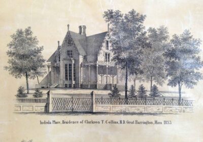 Historic hand sketch of Great Barrington Dispensary front entrance, historic Gothic Revival mansion from 1853