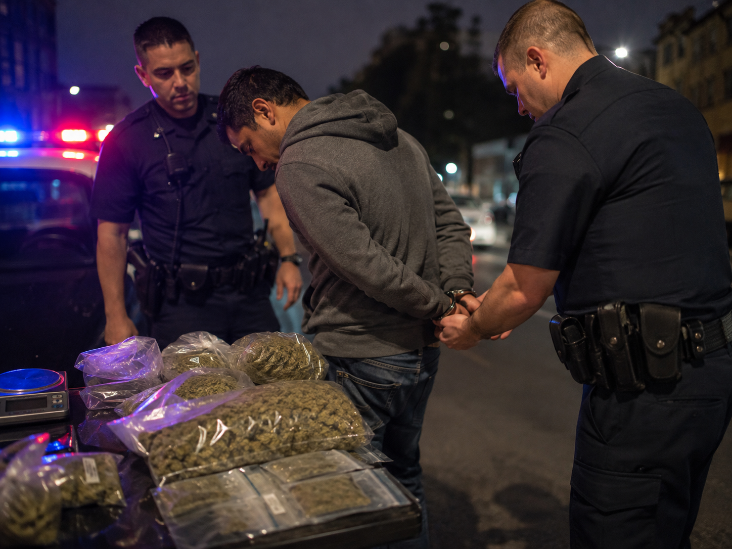 Police arresting a man beside seized bags of unregulated cannabis, illustrating black market drug enforcement