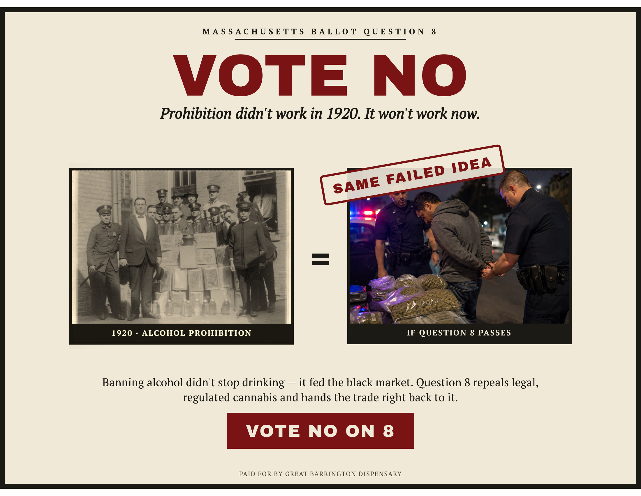 Vote No on Massachusetts Question 8 poster comparing 1920s alcohol prohibition to cannabis prohibition